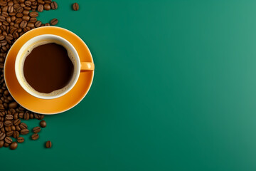 Cup of coffee on green background. Top view, copy space.
