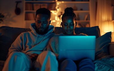Fototapeta premium A man and woman are sitting on a couch looking at a laptop. Scene is relaxed and intimate