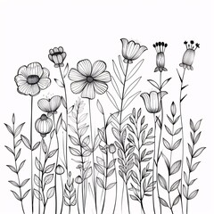Flower Power A Black and White Drawing of Different Flowers Generative AI