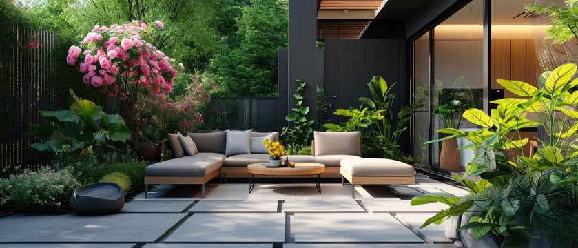 Evening scene with backyard, terrace with plants, lounge furniture, lantern. Layout with peonies, blooming garden. Penthouse patio. Exterior design. Villa facade. Copy space. Generative AI