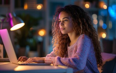 A woman with long hair is sitting at a desk and typing on a laptop. The room is dimly lit, and there are several books scattered around the area. The woman is focused on her work