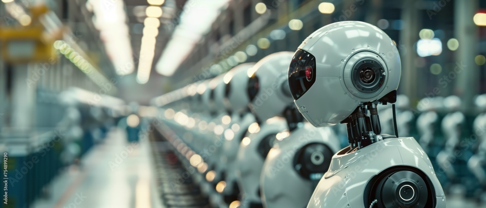 Poster march of the machines, line of advanced robots standing at attention, symbolizing the rise of automa