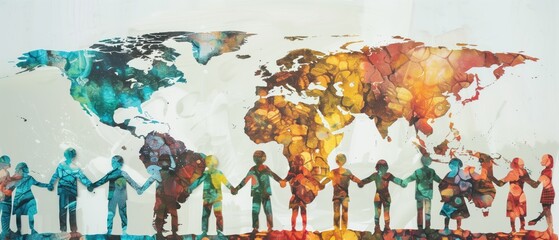Global Harmony, silhouettes of people holding hands across the continents, depicted as a textured watercolor map of the world, highlighting the theme of global unity and peace.