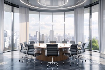 Modern Meeting Room with Panoramic View of City Skyline Generative AI - obrazy, fototapety, plakaty