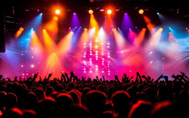 A crowd of people are at a concert, with the stage lit up with bright lights and colorful spotlights. The atmosphere is energetic and lively, with everyone enjoying the music and the performance