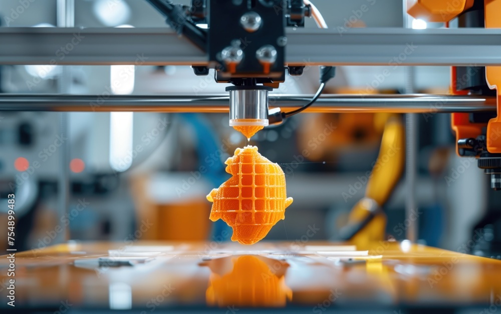 Poster the future in creation, a 3d printer in action, precisely constructing an orange, honeycomb-structur