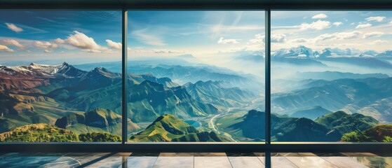 Vista of Tranquility, A breathtaking view from within, looking out through a grand window to a...