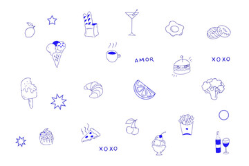 Cartoon flat vector blue illustrations isolated on white background, linear retro icons set, doodle girls icons, love icons