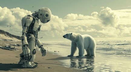 La rencontre d'un ours polaire et d'un robot sur une plage au bord de mer