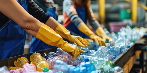 Recycling Plastic Bottles at a Facility. Worker hands in yellow rubber gloves sorting plastic bottles for recycling on conveyor.