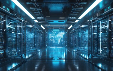 Une salle de serveurs informatique, centre de données, data center dans un style d'imagerie futuriste lumineux, image avec espace pour texte.