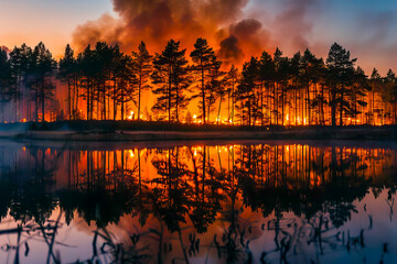 Obraz premium A fire rages in the forest close to a lake, with smoke billowing into the sky.