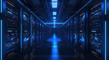 Obraz premium Une salle de serveurs informatique, centre de données, data center dans un style d'imagerie futuriste lumineux, image avec espace pour texte.