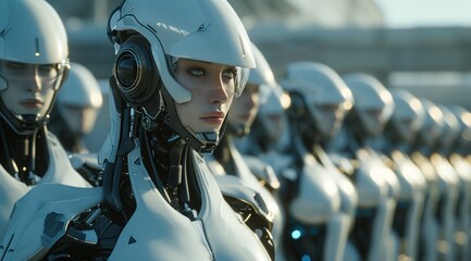 Une femme robot devant ses coéquipiers, science académie militaire. - obrazy, fototapety, plakaty
