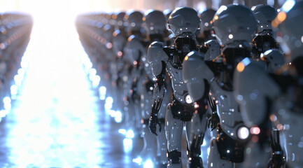 Science fiction militaire, une armée de robots alignés, chemin lumineux, image avec espace pour texte. - obrazy, fototapety, plakaty