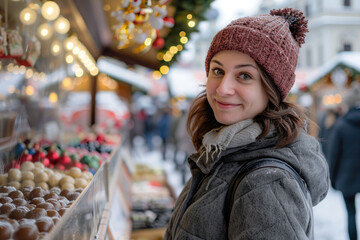 Young happy girl buying sweets on Christmas market during winter day