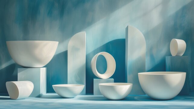 A collection of white bowls arranged in a row on a blue background. The bowls are of various sizes and shapes, creating a visually interesting display
