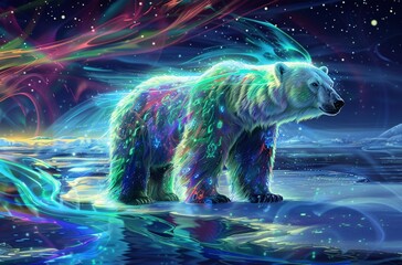 Glowing Polar Bear in a Neon Forest Generative AI - obrazy, fototapety, plakaty