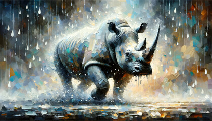 an abstract expressionist impasto painting, a rhino abstractly represented amidst raindrops, sweeping, and dynamic brush strokes