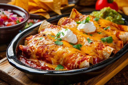 Taco Tuesday Delight A Bowl of Cheesy, Spicy Chicken Enchiladas Generative AI