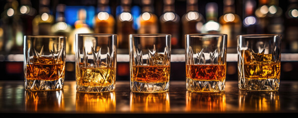 Glasses of whiskey in row at bar in cozy pub.