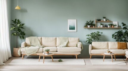 Quiet family space adorned with a gentle blue sofa, timber furnishings, and healthy green houseplants 