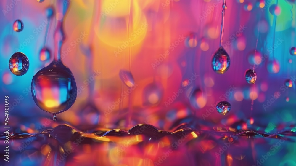 Poster a colorful background with many drops of water. the drops are of different sizes and colors, creatin