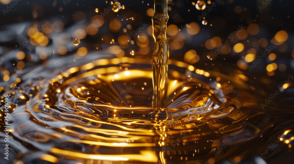 Poster a splash of liquid with a golden hue. the liquid is pouring out of a container and creating a splash