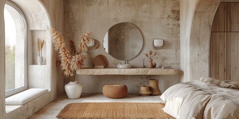 Fototapeta na wymiar Boho Scandinavian style in farmhouse interior. Beige bedroom with natural wooden furniture.