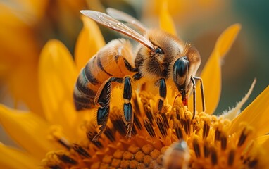 A honeybee pollen collection on a colorful sunflower bloom