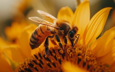 A honeybee forages for pollen on a radiant sunflower flower
