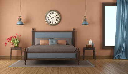 Classic style bedroom with large bed, and a vintage wall clock