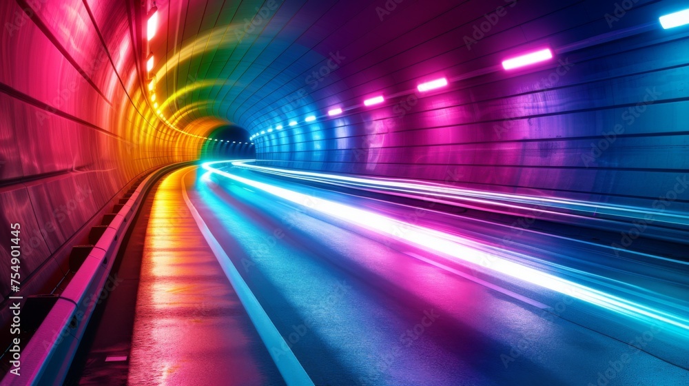 Poster a colorful tunnel with neon lights and a rainbow. scene is energetic and exciting, as if the tunnel 