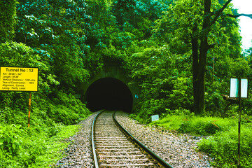 Railway tunnel in Goa's tropical forest, creating a picturesque travel background.