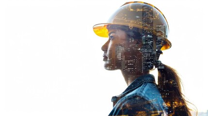 Professional Woman in Yellow Safety Helmet Silhouetted Against Urban Construction
