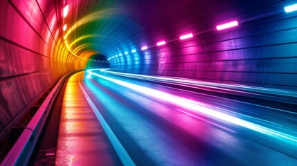 A colorful tunnel with neon lights and a rainbow. Scene is energetic and exciting, as if the tunnel...