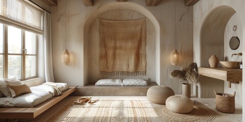 Boho Scandinavian style in farmhouse interior. Beige bedroom with natural wooden furniture.