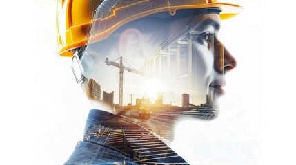 Professional male in Yellow Safety Helmet Silhouetted Against Urban Construction