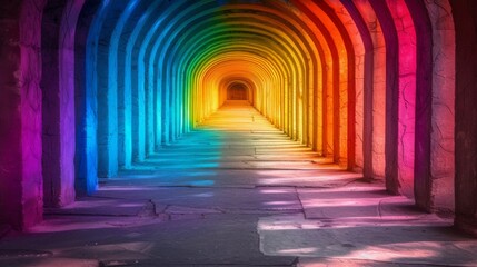 A rainbow colored tunnel with a bright light shining down on it. The tunnel is long and narrow, and...
