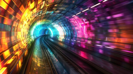A colorful tunnel with a train going through it. The tunnel is very long and has many different...