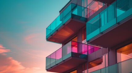 A building with a balcony and a colorful sky. The sky is pink and purple. The building is tall and has many windows - obrazy, fototapety, plakaty