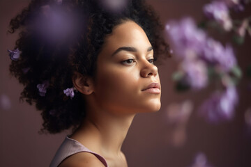 Beautiful African American woman with lilac branches.