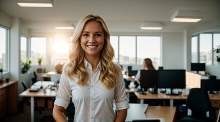 Smiling confidently, a woman brightens a busy sunlit office scene  - obrazy, fototapety, plakaty