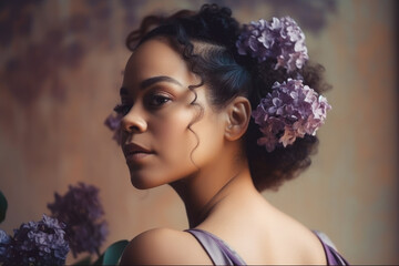 Beautiful African American woman with lilac branches in her hair.