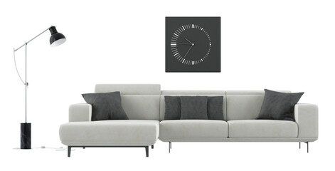 Elegant living room setup featuring a chic sofa, floor lamp, and minimalist clock wall arton transparent background- 3d rendering