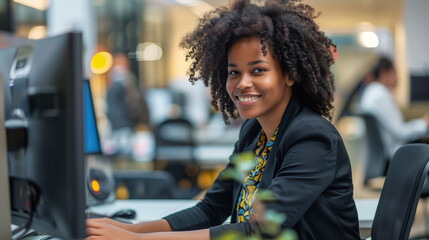 A woman with afro hair works enthusiastically in the office as customer service. He sat in front of the computer in formal clothes, ready to provide the best service to customers. Ai generated Images - obrazy, fototapety, plakaty