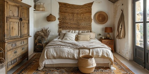 Obraz na płótnie Canvas Boho Scandinavian style in farmhouse interior. Beige bedroom with natural wooden furniture.