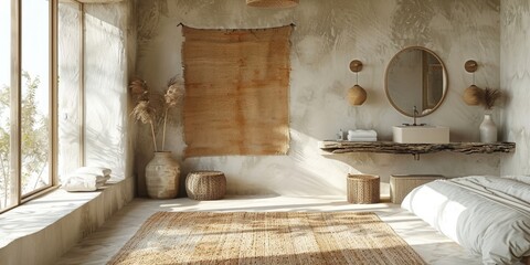 Boho Scandinavian style in farmhouse interior. Beige bedroom with natural wooden furniture.
