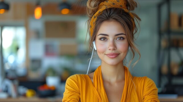 A woman with a yellow shirt and a yellow headband is smiling and wearing headphones. She is posing for a picture