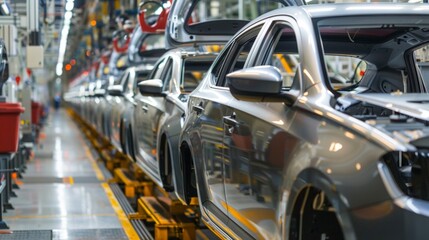 Mass Production Assembly Line of Modern Cars in a Busy Factory